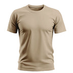 Beige men's plain short sleeve t-shirt, crew neck, casual fit on white background