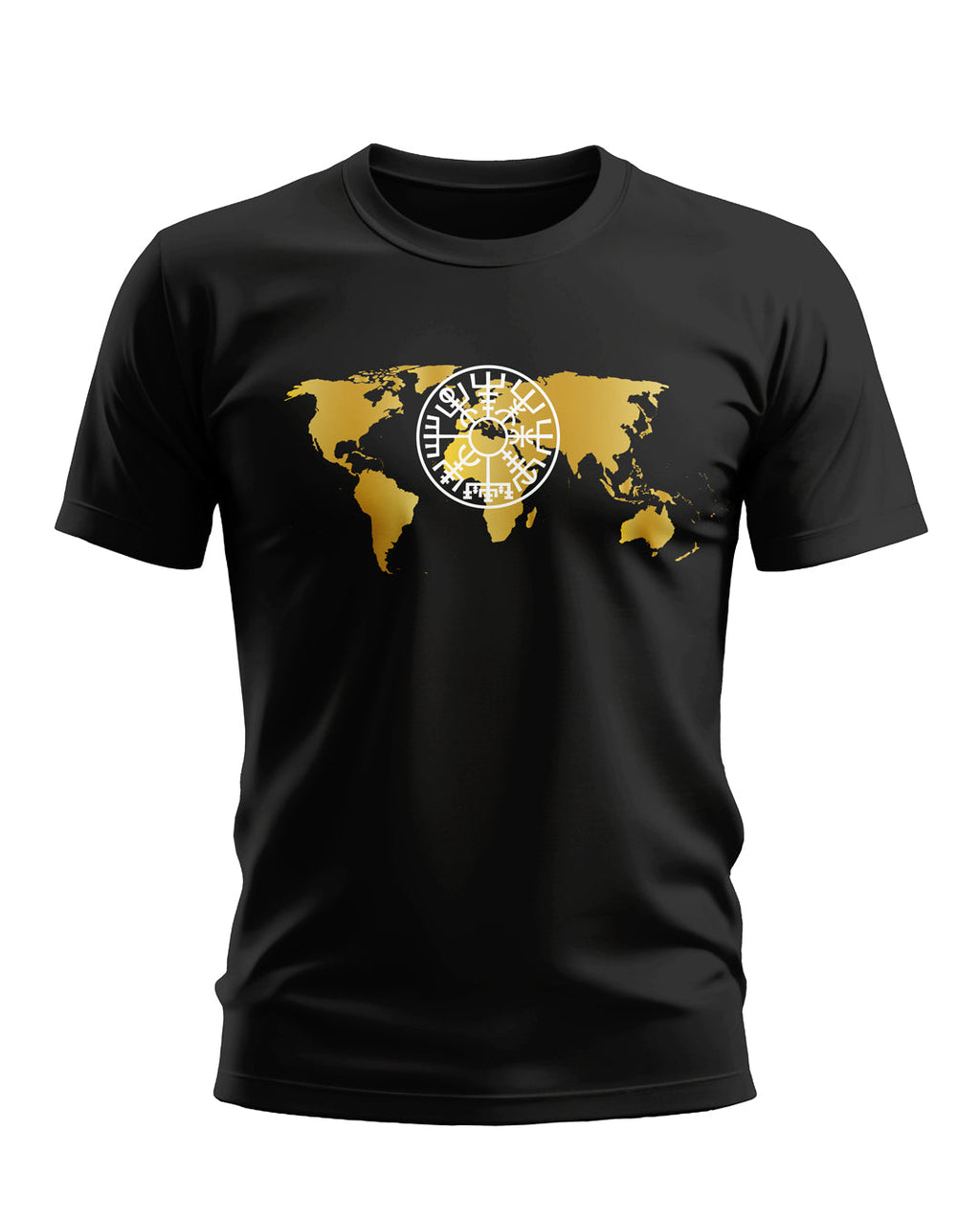 Black men's t-shirt with gold world map and white circular symbol graphic on chest