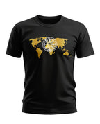 Black men's t-shirt with gold world map and white circular symbol graphic on chest