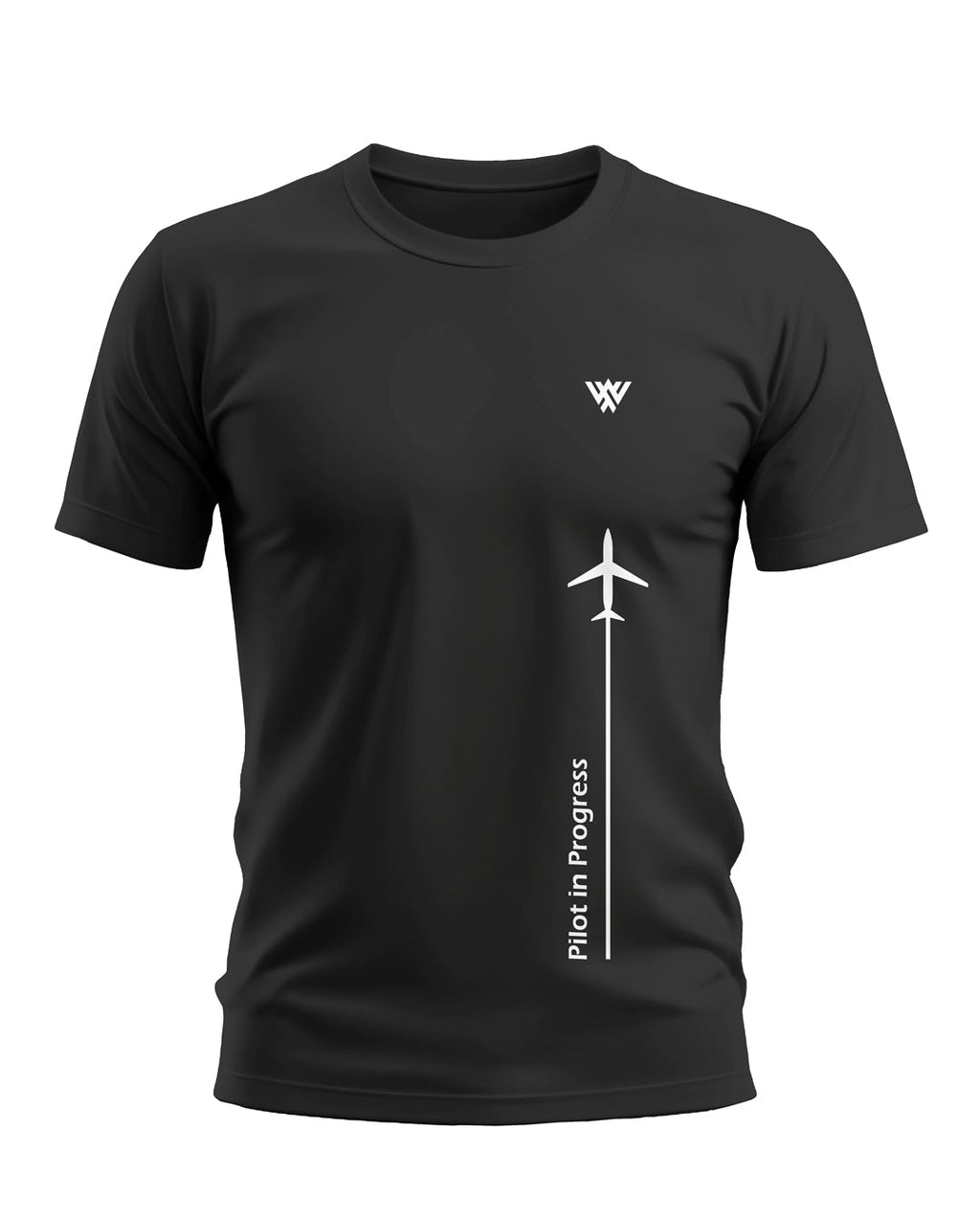 Black men's t-shirt with airplane graphic and 'Pilot in Progress' text, short sleeves