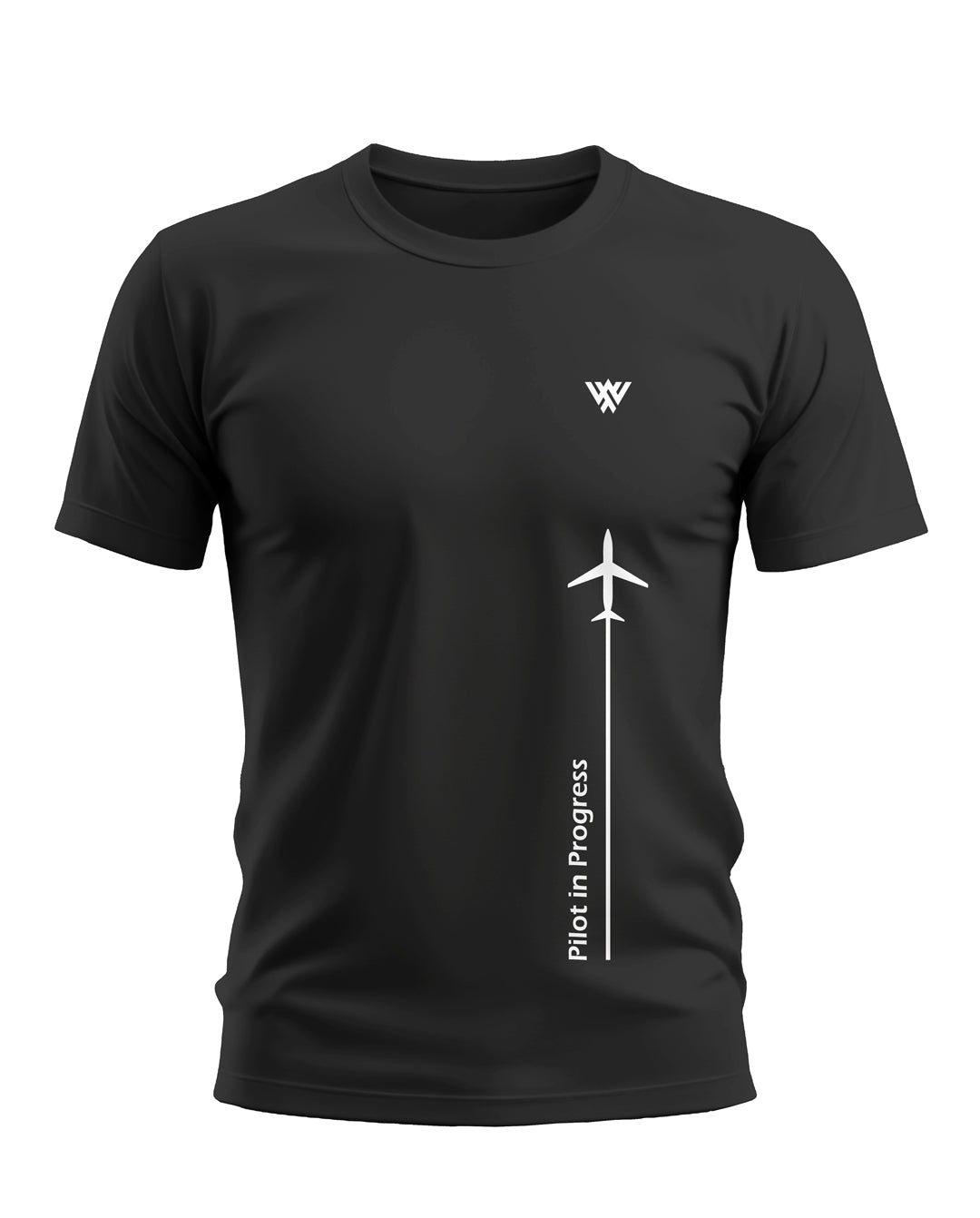 Black men's t-shirt with airplane graphic and 'Pilot in Progress' text, short sleeves