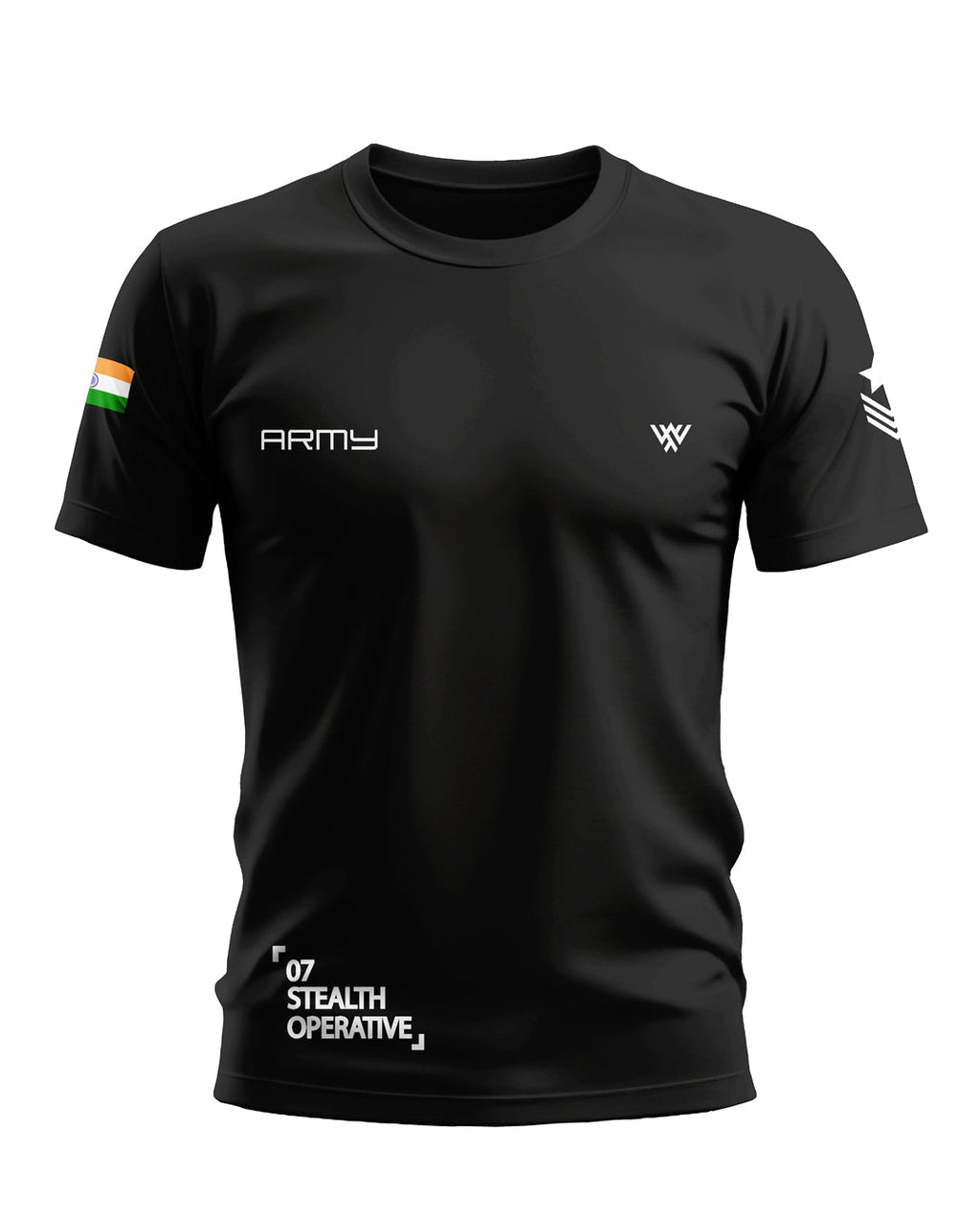 Black men's army-style t-shirt with Indian flag, white "ARMY" text, and printed graphics