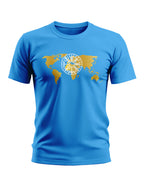 Blue men's t-shirt with gold world map and white geometric symbol graphic on chest