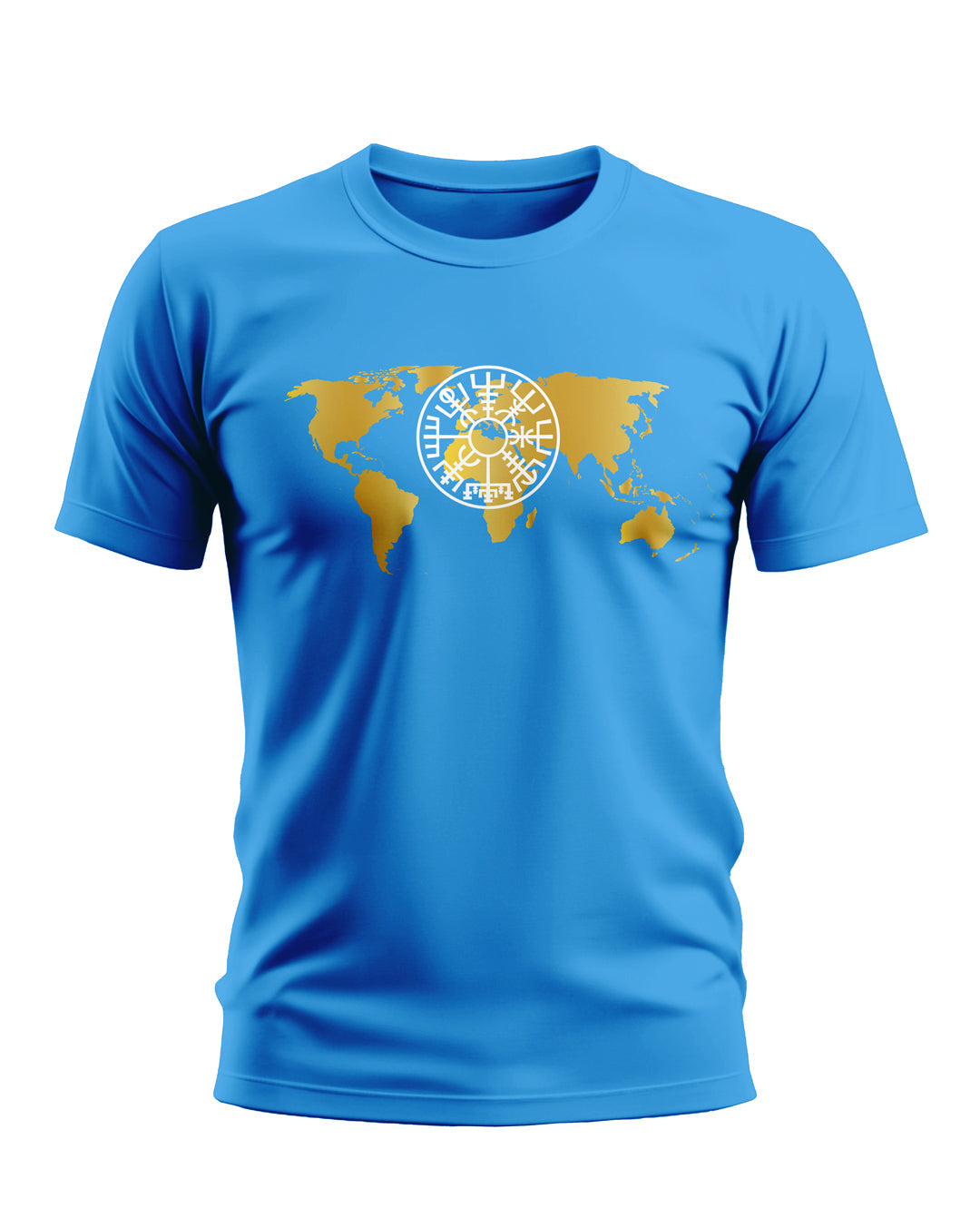 Blue men's t-shirt with gold world map and white geometric symbol graphic on chest