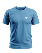 Light blue men's short sleeve t-shirt with small white chest logo, casual fit