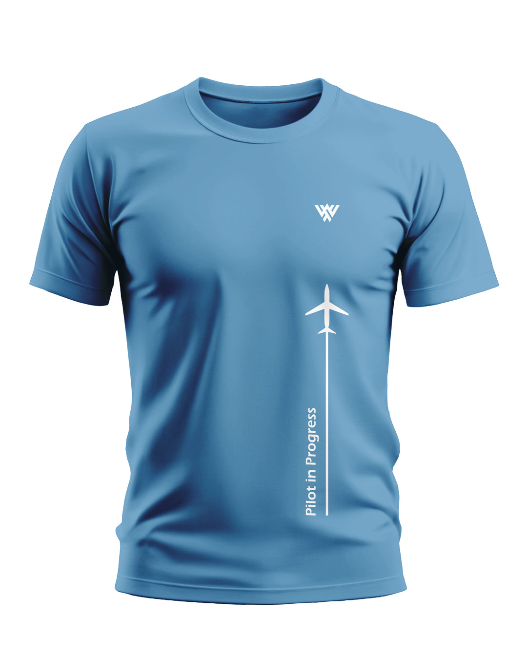 Blue men's t-shirt with airplane graphic and 'Pilot in Progress' text, aviation design