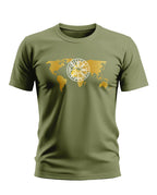 Olive green men's t-shirt with gold world map and white tribal symbol print on chest