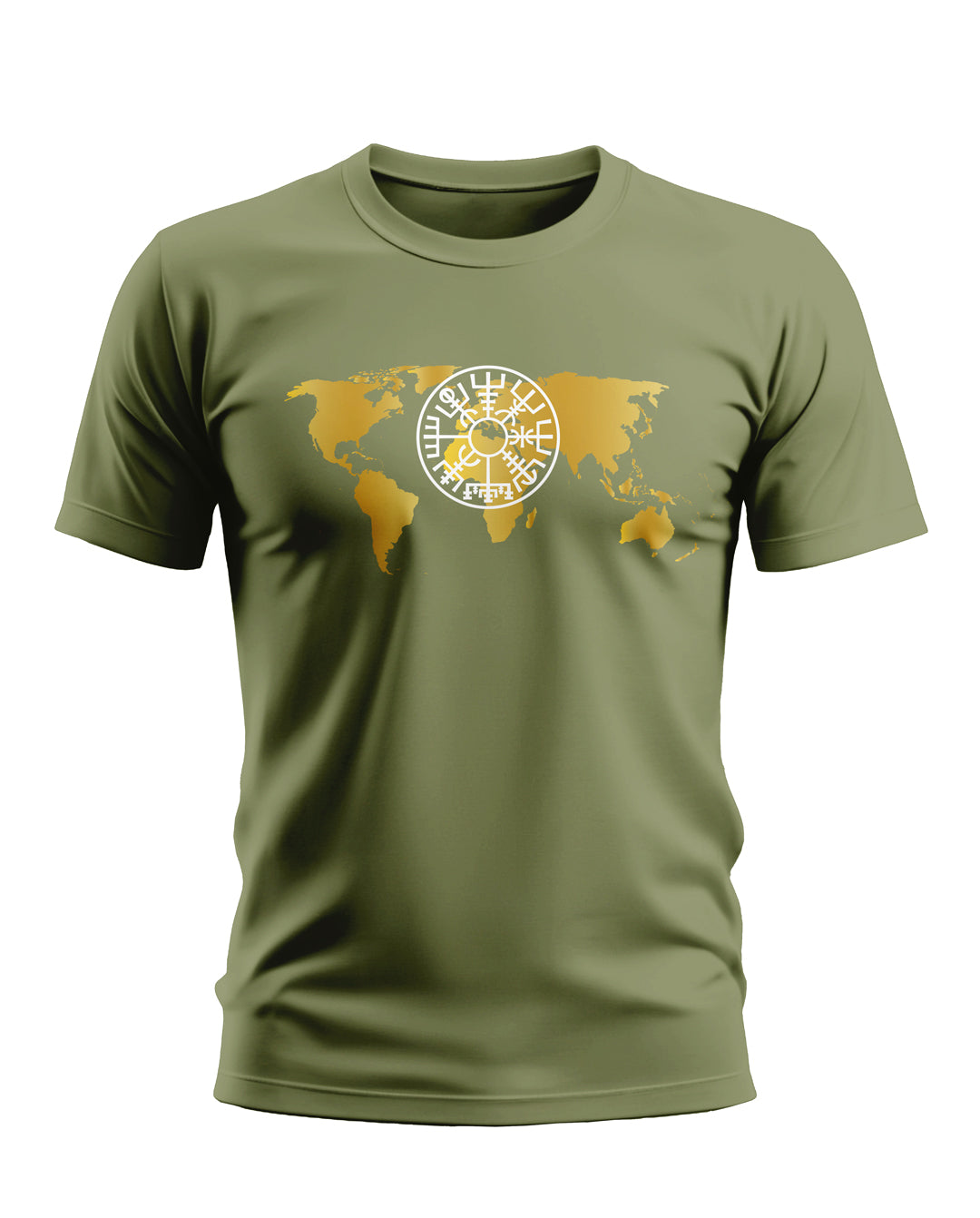 Olive green men's t-shirt with gold world map and white tribal symbol print on chest