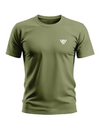 Olive green men's crew neck t-shirt with short sleeves and small white chest logo
