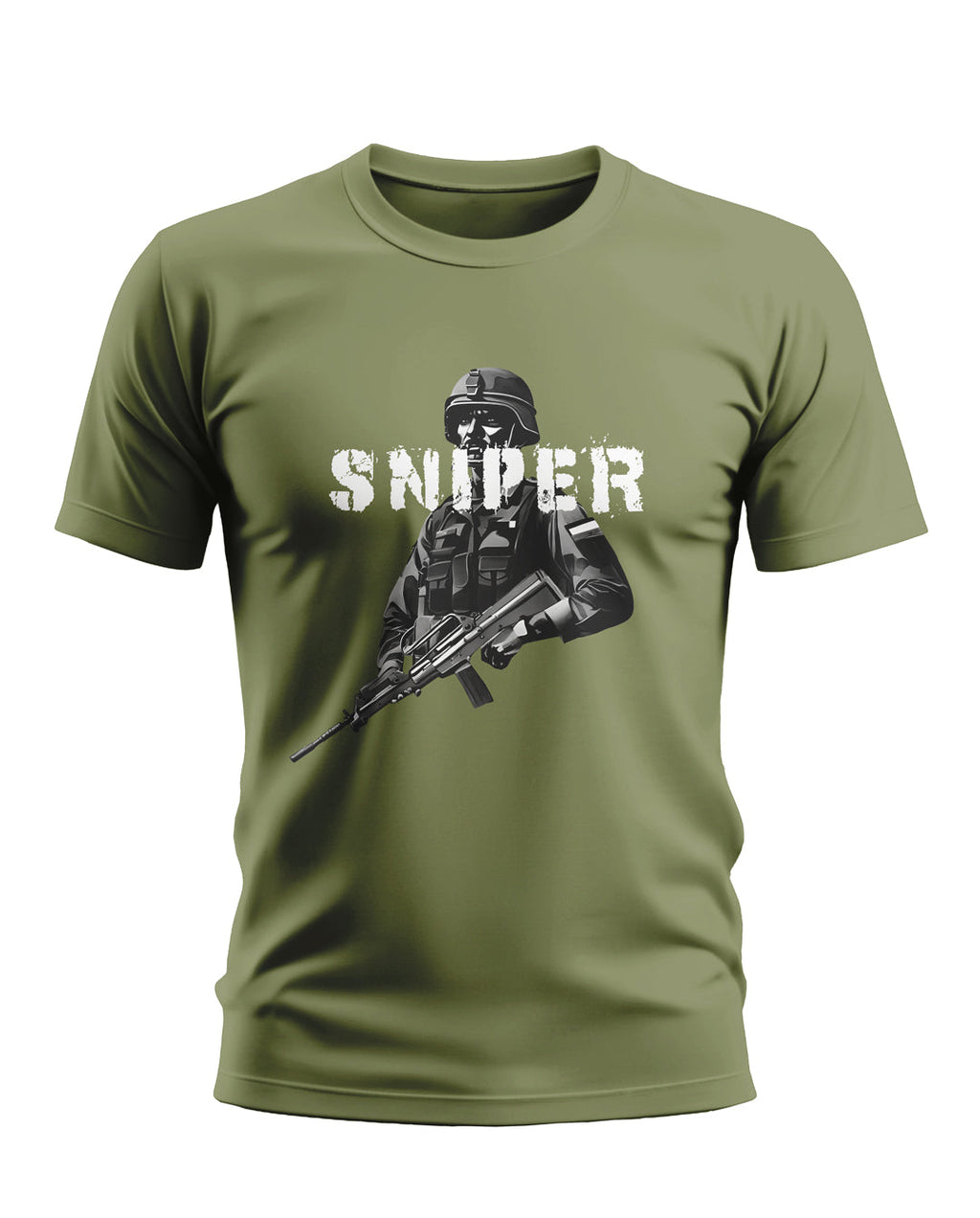 Olive green men's t-shirt with soldier graphic and SNIPER text, military style