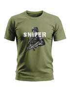 Olive green men's t-shirt with soldier graphic and SNIPER text, military style