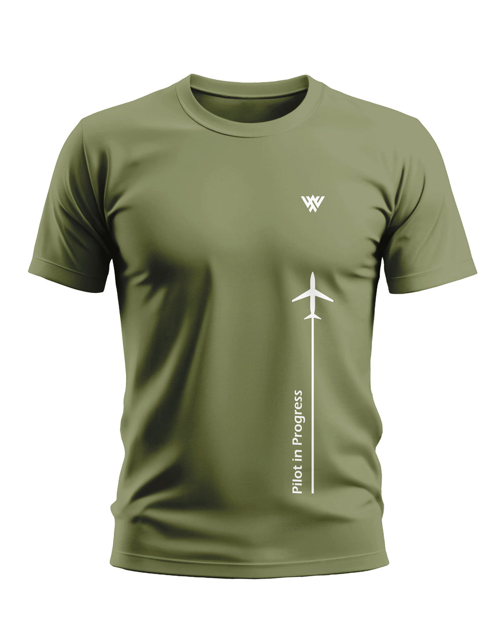 Olive green men's t-shirt with airplane graphic and 'Pilot in Progress' text on front
