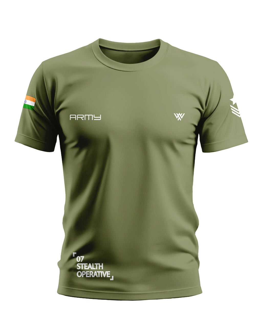 Olive green men's army-style t-shirt with Indian flag, 'ARMY' text, and '07 STEALTH OPERATIVE' print.
