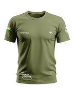 Olive green men's army-style t-shirt with Indian flag, 'ARMY' text, and '07 STEALTH OPERATIVE' print.