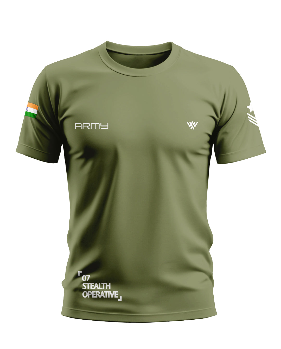 Olive green men's army-style t-shirt with Indian flag, 'ARMY' text, and '07 STEALTH OPERATIVE' print.