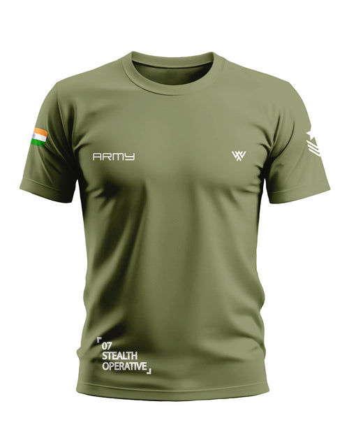 Olive green men's army-style t-shirt with Indian flag, 'ARMY' text, and '07 STEALTH OPERATIVE' print.