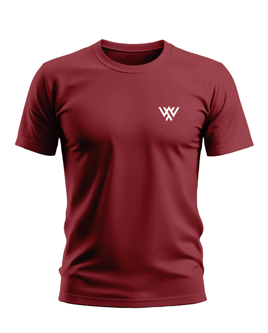 Men's maroon crew neck t-shirt with short sleeves and white chest logo