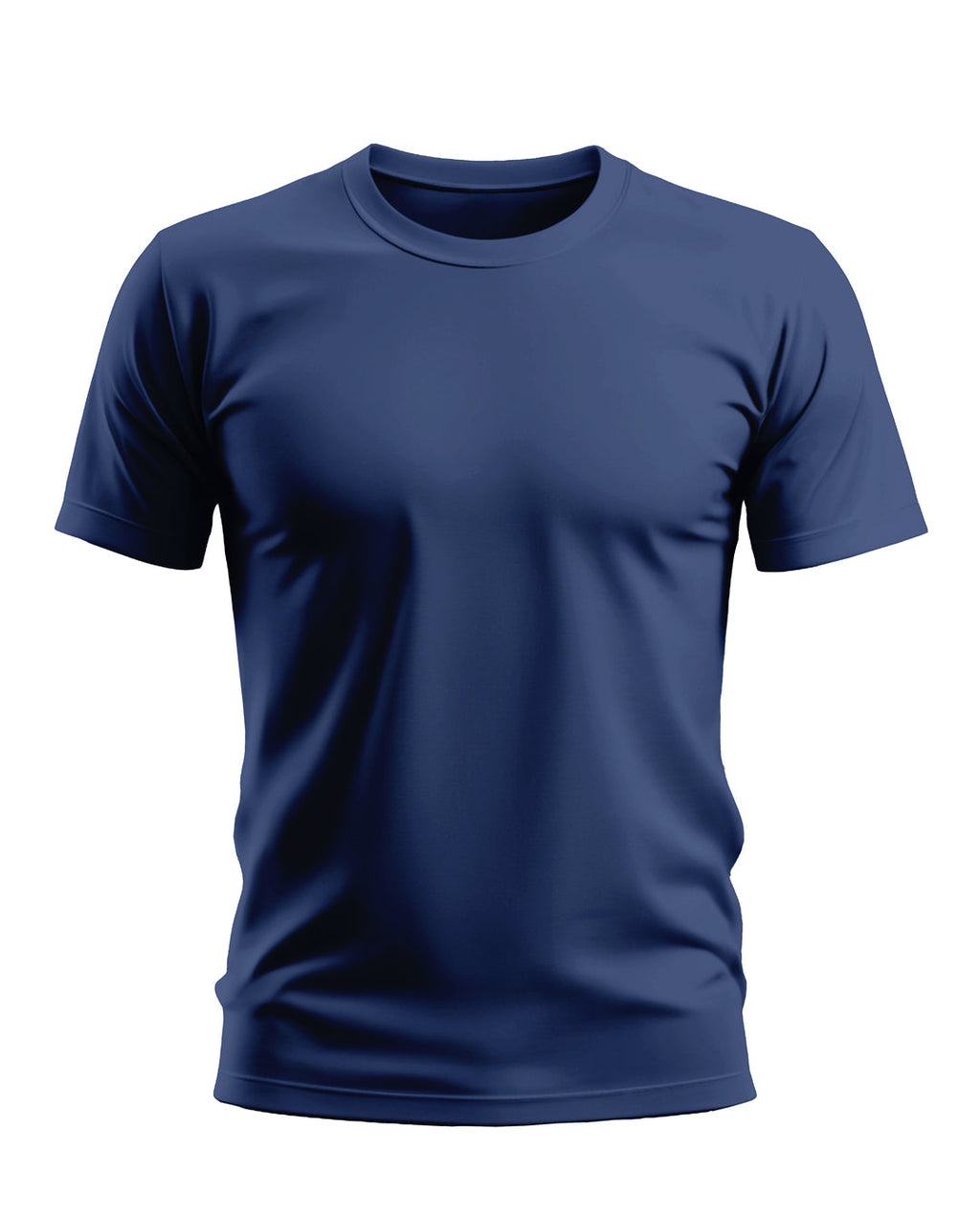 Navy blue men's short sleeve crew neck t-shirt on plain white background