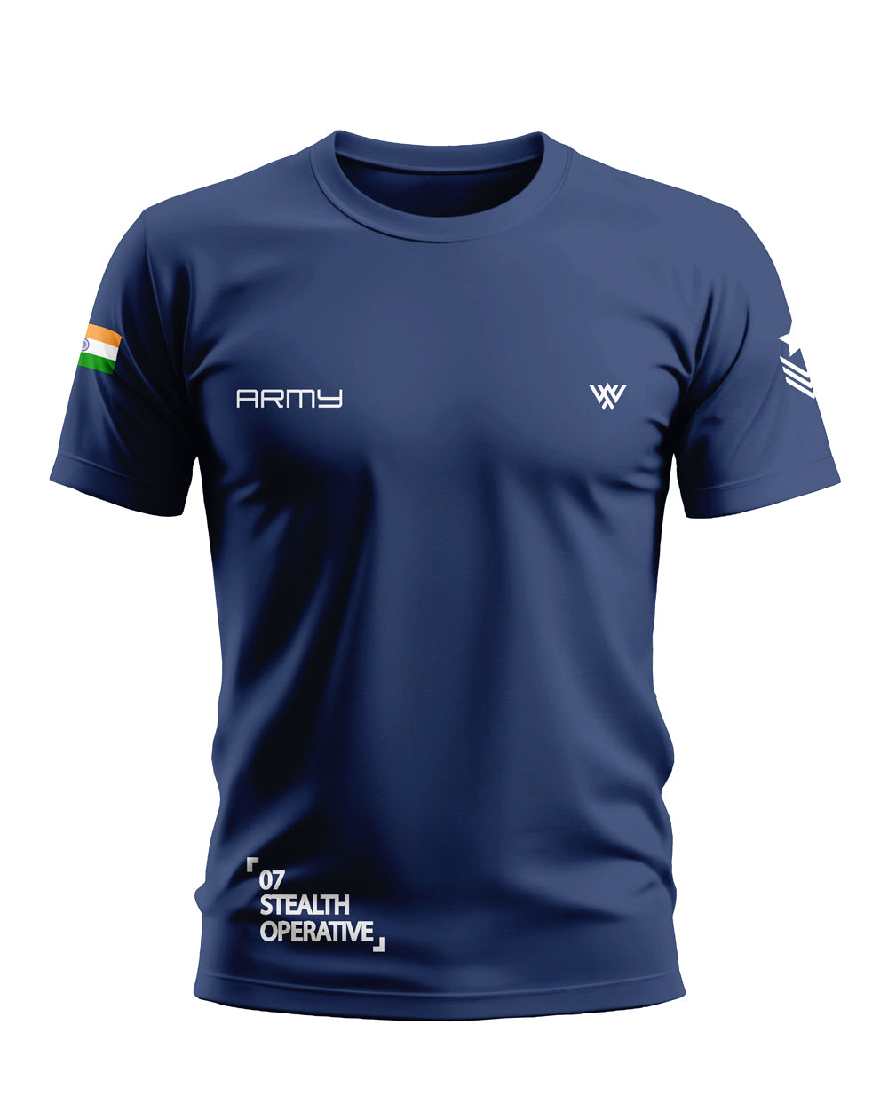 Men's navy blue t-shirt with Army text, Indian flag on sleeve, and military-style graphics