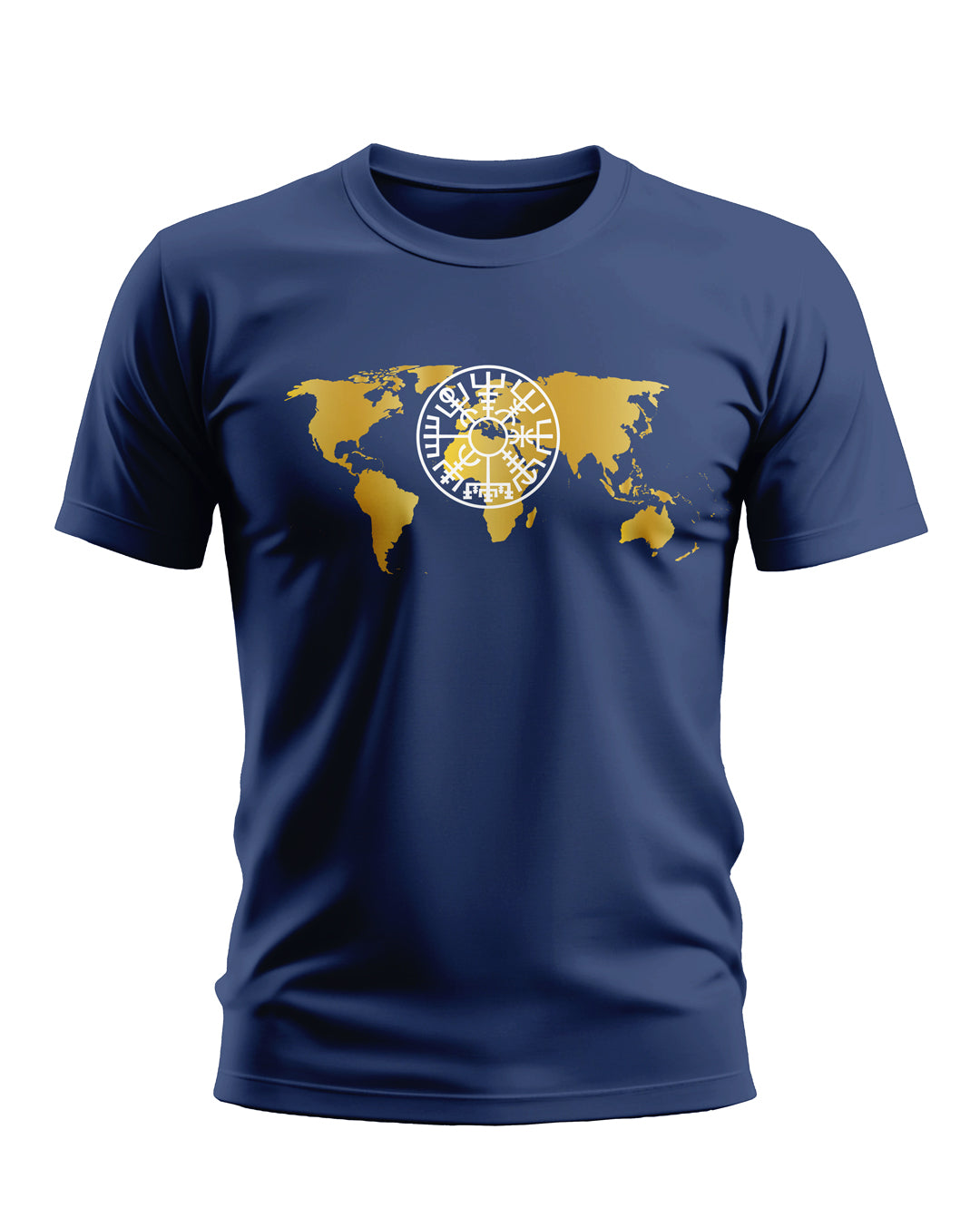 Navy blue men's t-shirt with gold world map and white Nordic compass graphic on chest