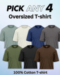 Seven oversized 100% cotton t-shirts in assorted solid colors with 'Pick Any 4' offer.
