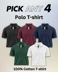 Five men's cotton polo T-shirts in black, maroon, navy blue, green, and white colors.