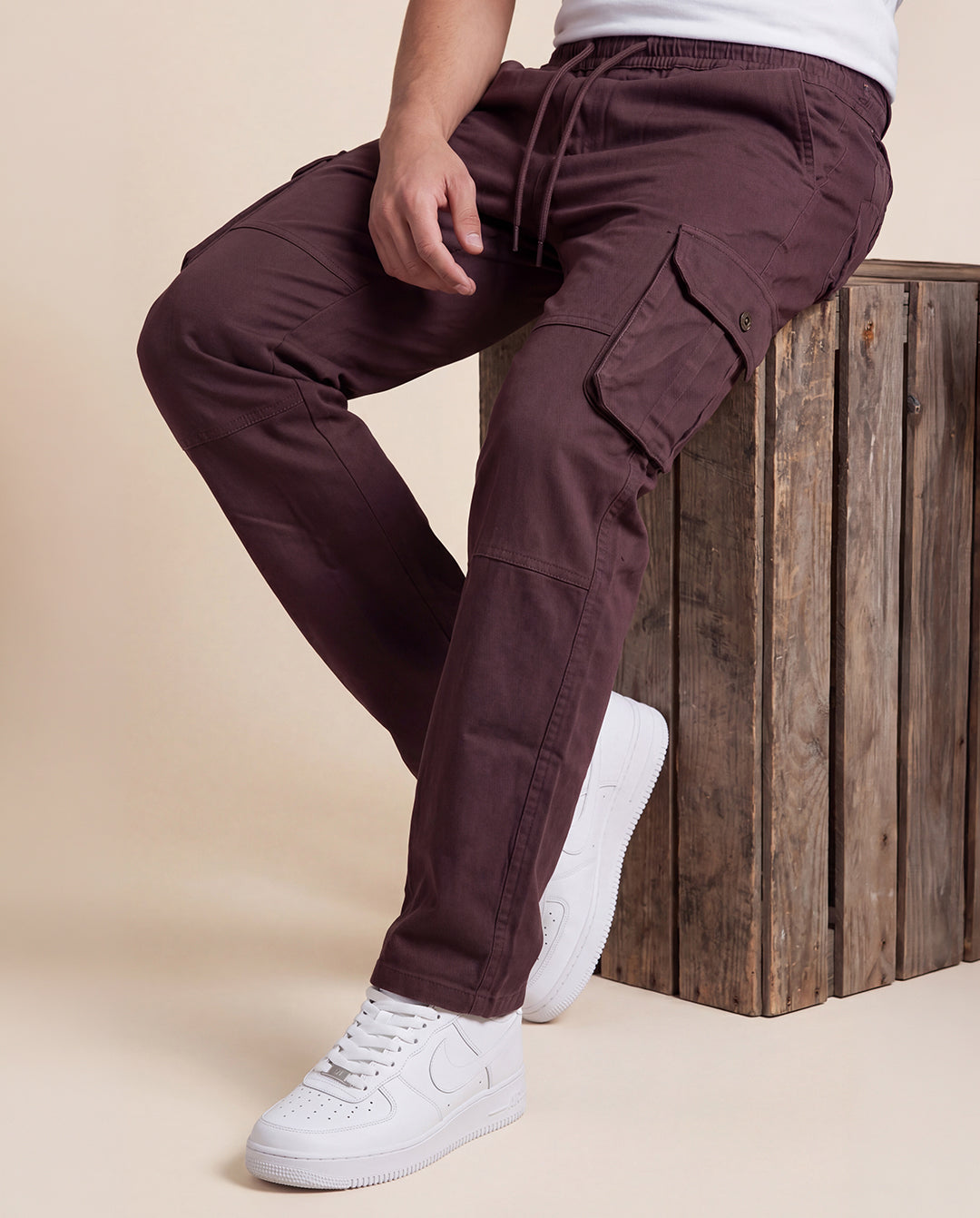 Brown Solid Cargo Pants For Men