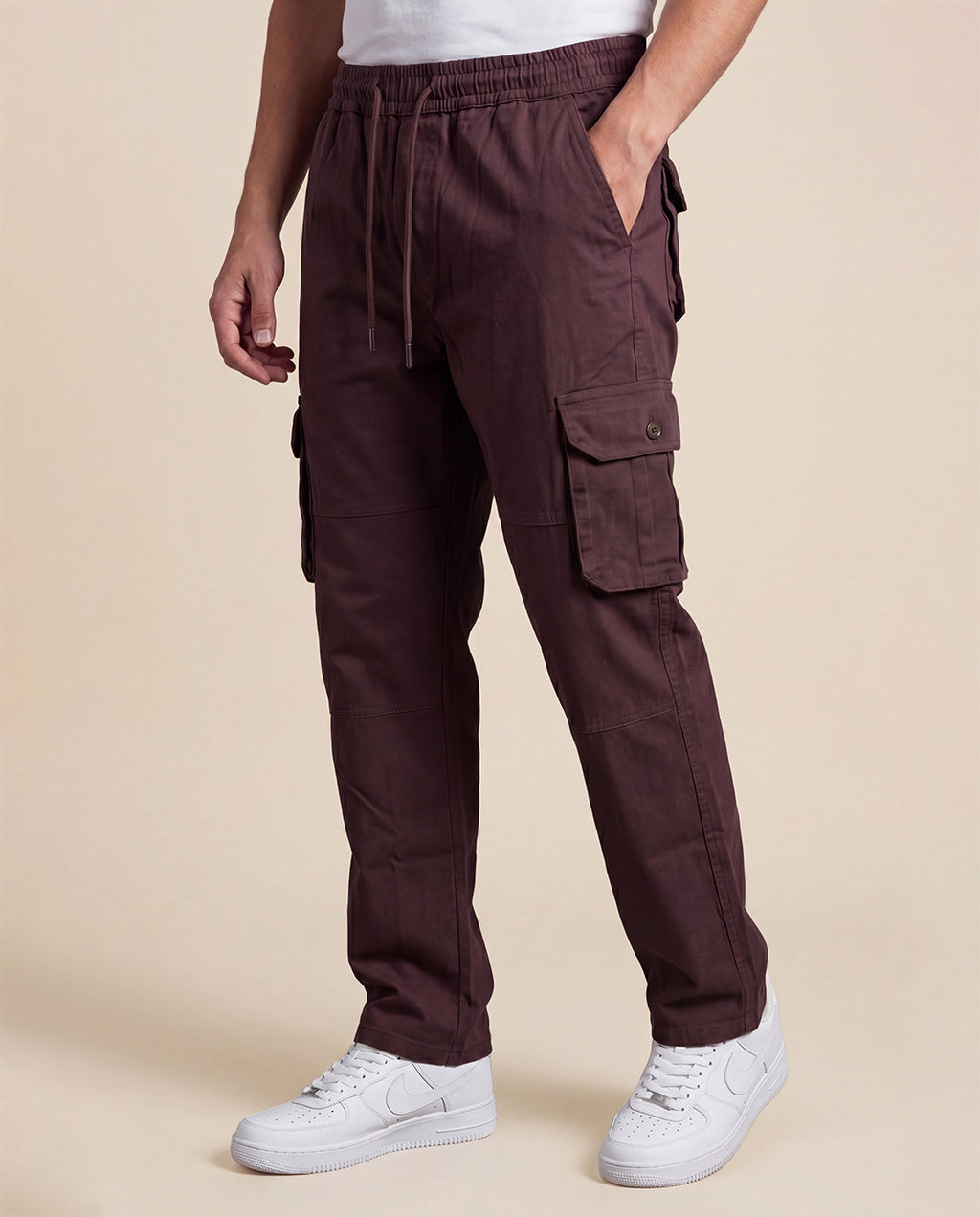 Brown Solid Cargo Pants For Men