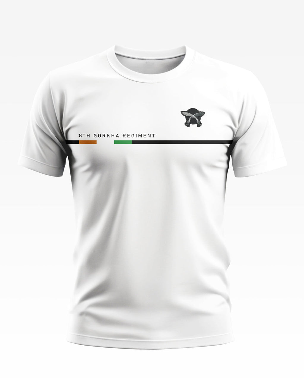 White men's t-shirt with 8th Gorkha Regiment text, regimental insignia and colored stripe.