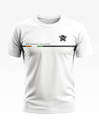 White men's t-shirt with 8th Gorkha Regiment text, regimental insignia and colored stripe.