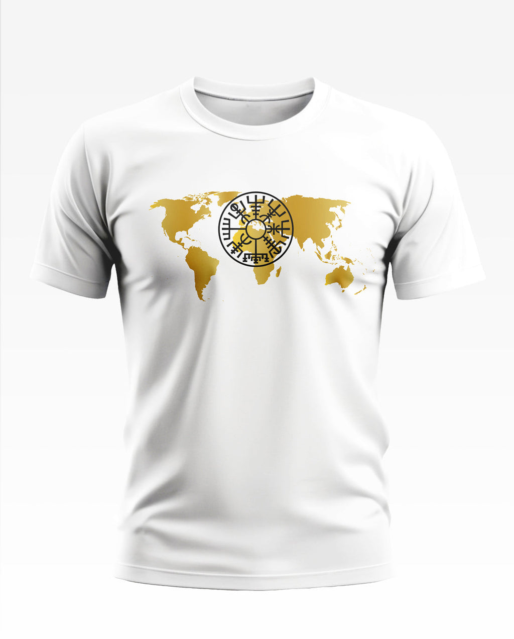 White men's t-shirt with gold world map and black geometric symbol graphic on chest