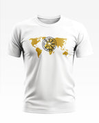 White men's t-shirt with gold world map and black geometric symbol graphic on chest