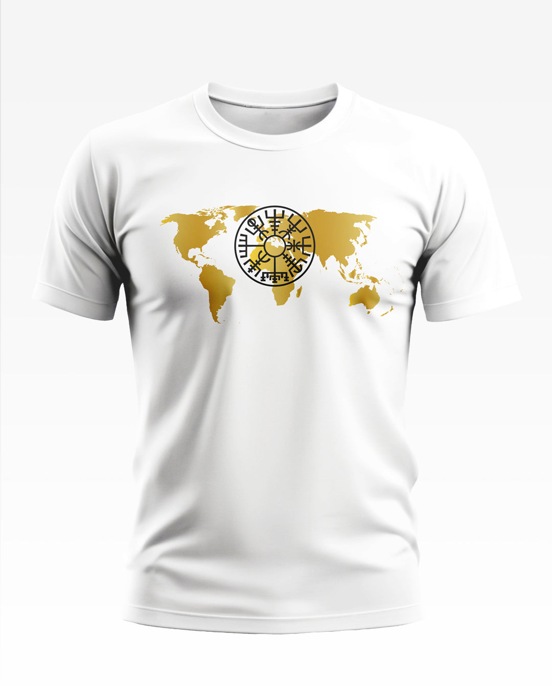 White men's t-shirt with gold world map and black geometric symbol graphic on chest