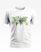 White men's t-shirt with green world map and black compass print on chest