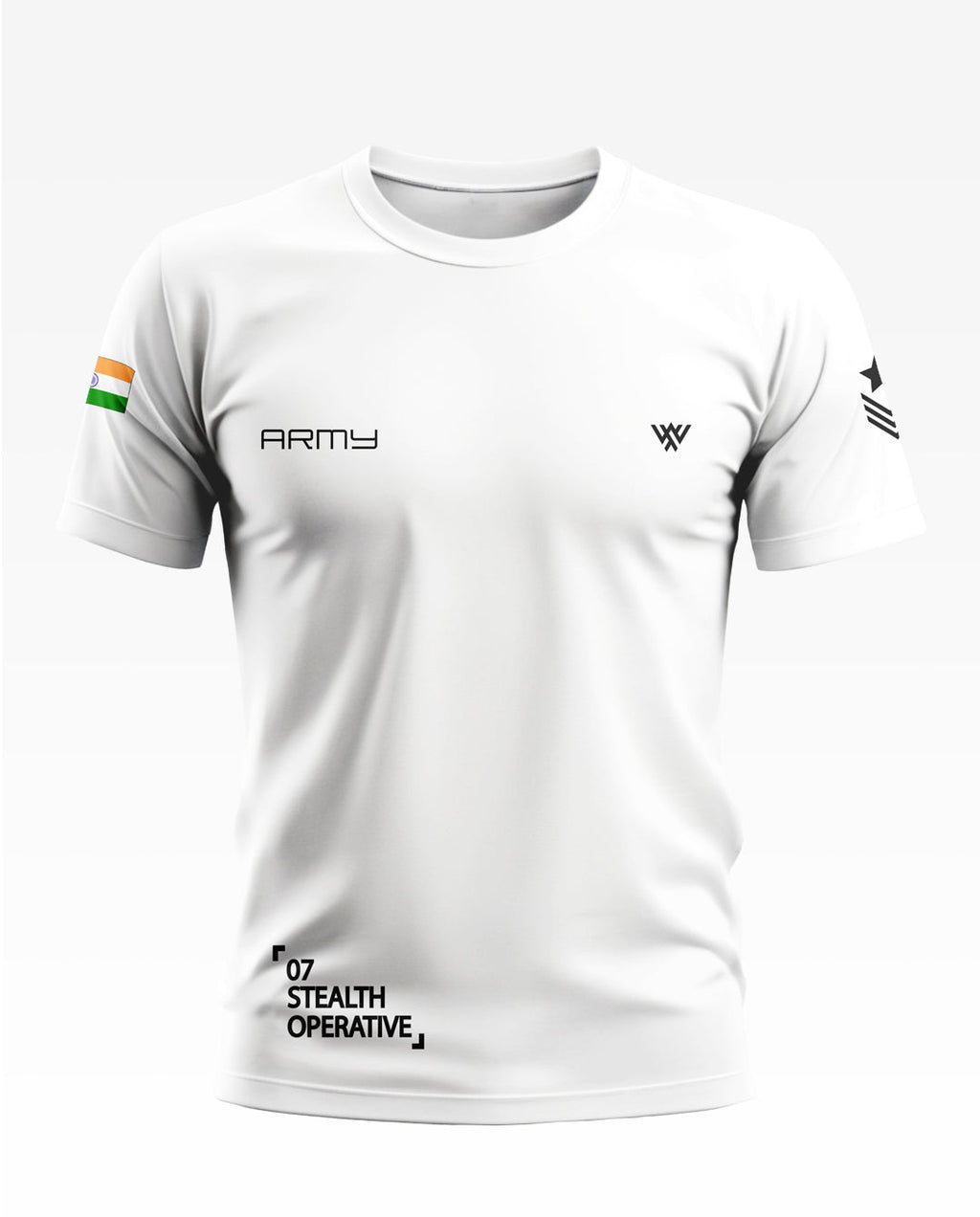 White men's army-themed t-shirt with Indian flag patch, text 'ARMY', and '07 Stealth Operative' print.
