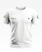 White men's army-themed t-shirt with Indian flag patch, text 'ARMY', and '07 Stealth Operative' print.