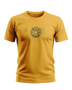 Yellow men's t-shirt with black circular symbol and world map graphic on chest