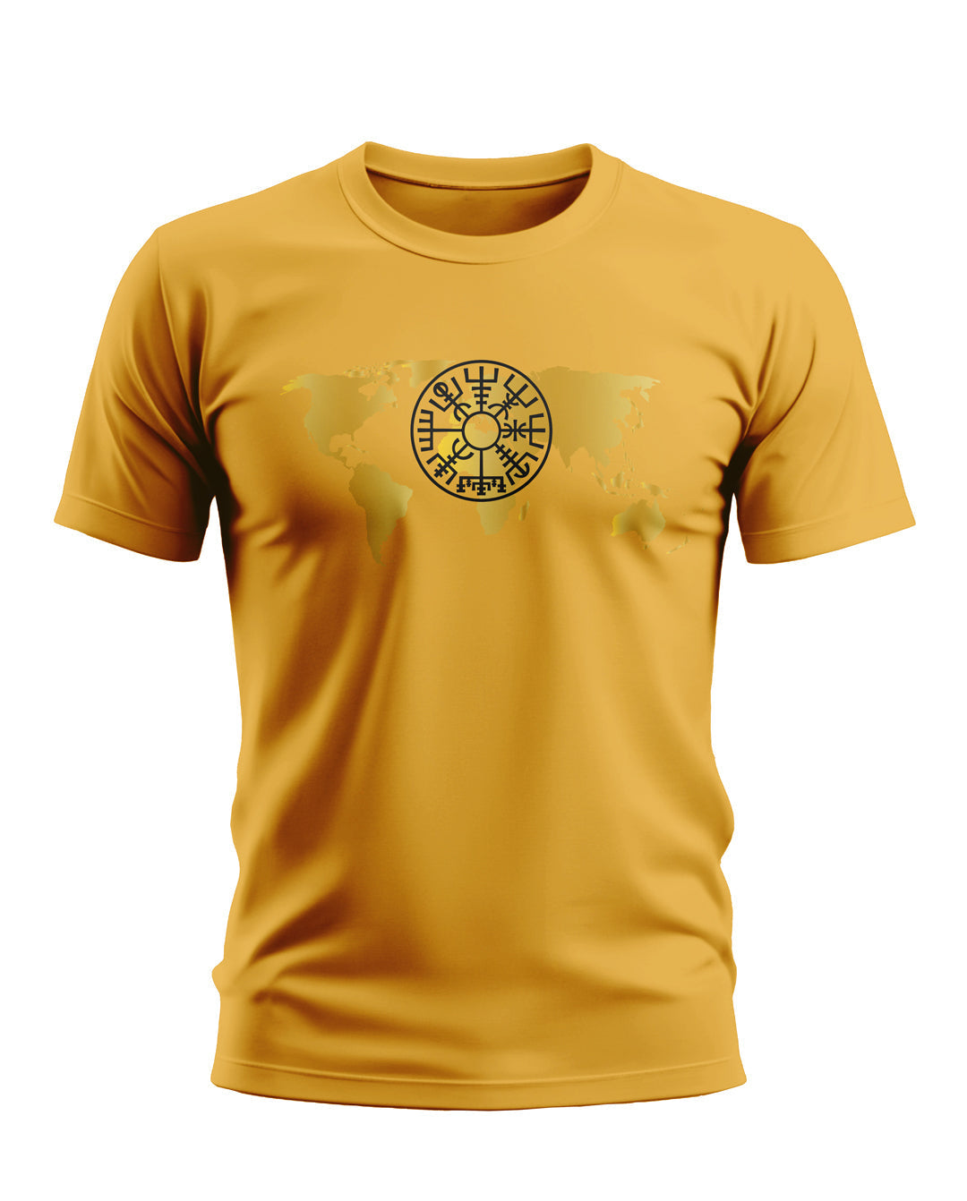 Yellow men's t-shirt with black circular symbol and world map graphic on chest