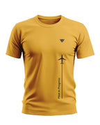 Yellow men's t-shirt with black airplane graphic and 'Pilot in Progress' text, short sleeves