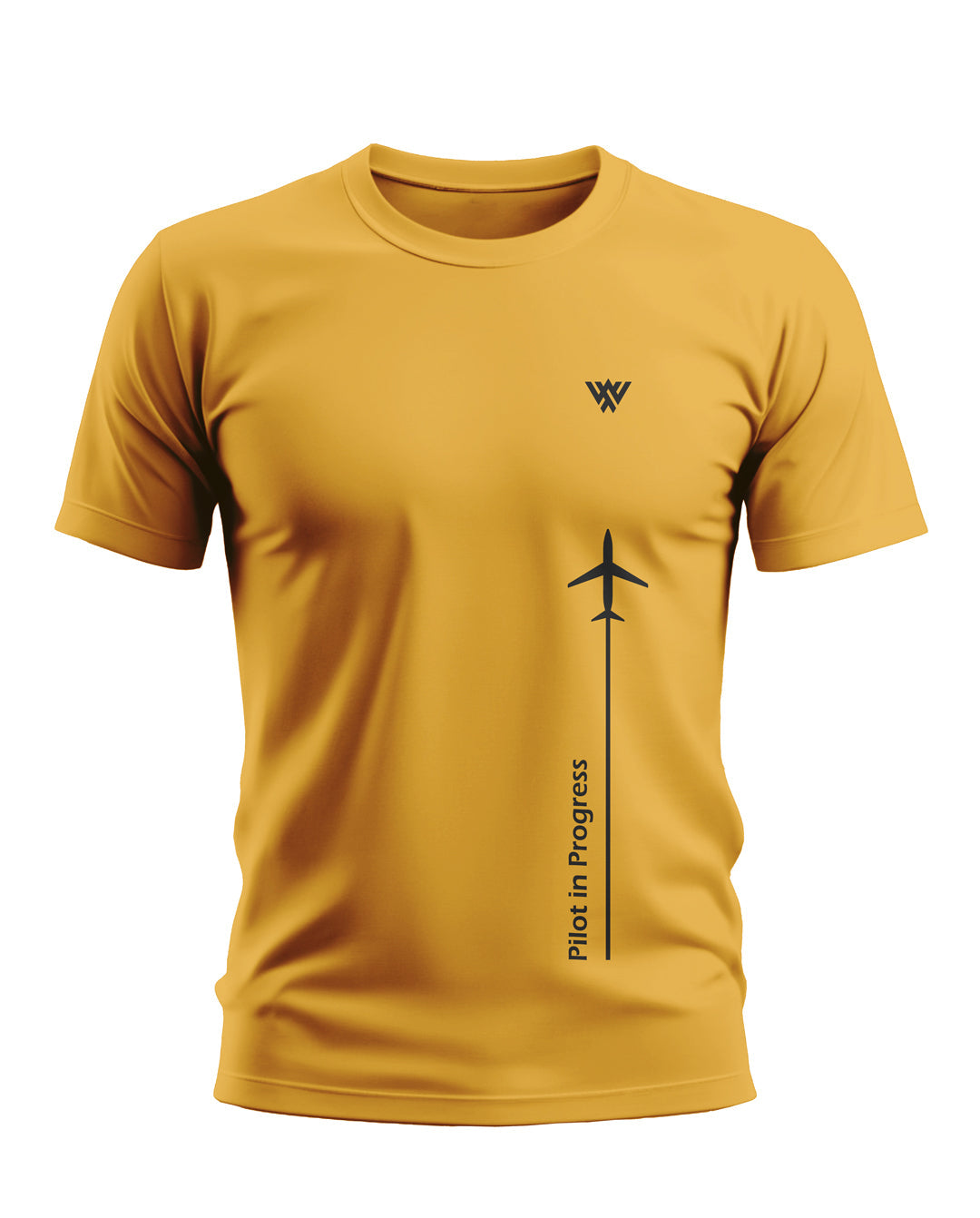 Yellow men's t-shirt with black airplane graphic and 'Pilot in Progress' text, short sleeves